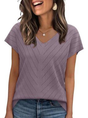 Women's Purple Trendy Summer Tops Sweater Pullover V-Neck Pull On Short Sleeve